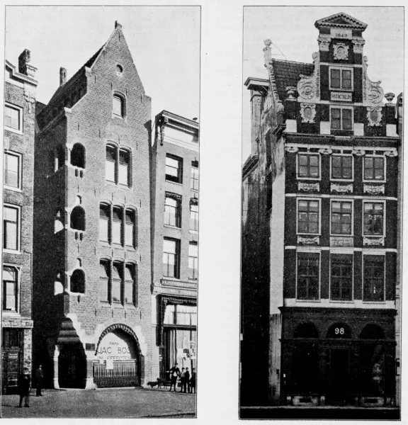 Afbeelding uit: 1908. Links het pand van Kropholler en Staal, rechts het afgebroken koopmanshuis van Vingboons. Foto's uit het Bouwkundig Weekblad nr 41, 1908.