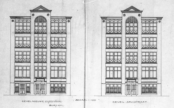 Afbeelding uit: 1898. Ontwerp van de gevels aan Nieuwezijds Voorburgwal en Spuistraat, nog met vier verdiepingen.
Bron afbeelding: SAA, bestand 5221BT908171.