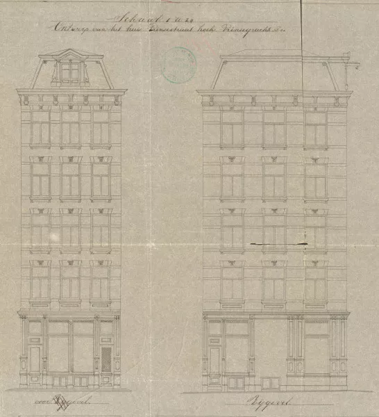 Afbeelding uit: 1882. Links de gevel aan de Prinsenstraat, rechts die aan de gracht. Uitsnede van de bouwtekening.