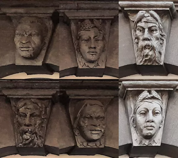 Afbeelding uit: september 2020. Collage van de vier portretten onder de erker en de twee boven de ramen rechts.