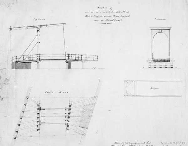 Afbeelding uit: 1843. Tekening uit 1843, toen de brug ook vernieuwd moest worden. Opstand, doorsnede, plattegrond en een tekening van de balans.