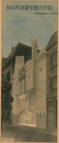 Afbeelding uit: 1920. Perspectieftekening van het theater bij avond, gemaakt door Noorlander.