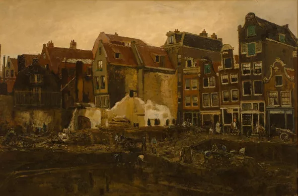 Afbeelding uit: 1903. George Breitner schilderde de bouwput na de sloop van de winkel van Sinkel en voor de bouw van de Bazar. Op de achtergrond rechts de Nieuwe Nieuwstraat. (Collectie museum Boijmans Van Beuningen.)