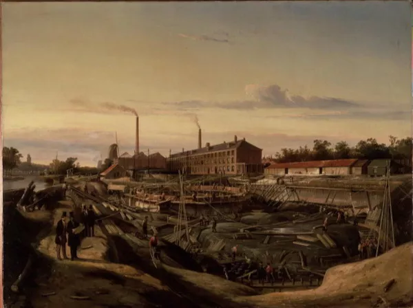 Afbeelding uit: 1847. De bouw van enkele gashouders van de gasfabriek. Het schilderij werd gemaakt in opdracht van fabriekseigenaar C. de Bruyn, een van de mannen links vooraan met hoge hoed. Collectie Amsterdam Museum.