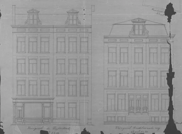 Afbeelding uit: 1882. Uitsnede van de bouwtekening. Links de huizen in de Eerste Schinkelstraat (die toen nog De Visserstraat heette), rechts die aan de Amstelveenseweg.
Bron afbeelding: SAA, bestand 005403000449.