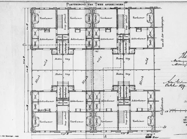 Afbeelding uit: 1879. Plattegronden van enkele woningen. Uitsnede van een bouwtekening van De Greef.
Bron afbeelding: SAA, bestand 5221BT904731.