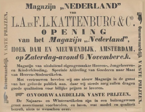 Afbeelding uit: november 1886. Advertentie van Kattenburg in het NIW van 5 november 1886.
