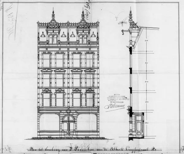 Afbeelding uit: 1893. "Plan tot bouwen van 2 Perceelen aan de Albert Cuypstraat"
Bron afbeelding: SAA, bestand 5221BT901719.