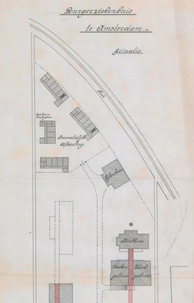 Afbeelding uit: 1889. Situatie, deel 1. Geheel bovenin vier gebouwen voor de 'besmettelijke afdeeling'. Daaronder het lijkenhuis. Al deze gebouwen zijn verdwenen.