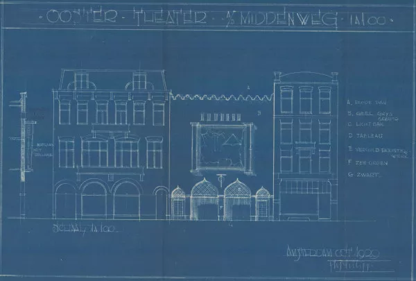 Afbeelding uit: 1929. "Ooster-Theater a/d Middenweg." In het midden de bioscoop, links het oude café Oost-Indië.