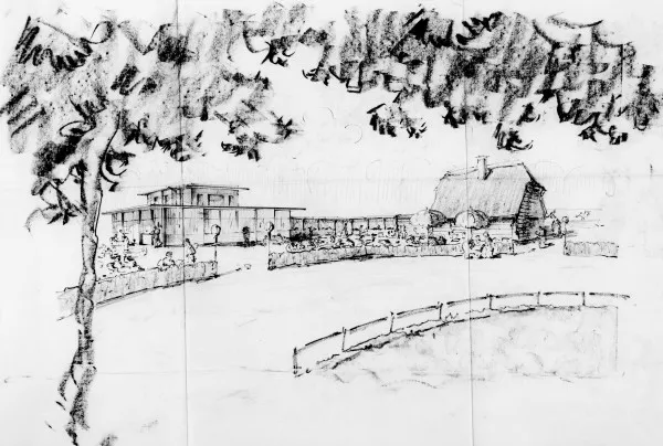 Afbeelding uit: 1937. Schets van de nieuwe situatie. Links het melkhuis, hier met plat dak; rechts het clubhuis van Festina. Ertussen kwam een pergola.
Bron afbeelding: SAA, bestand 291BTA924428.