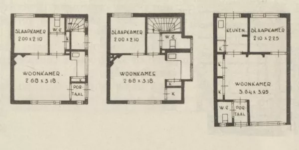 Afbeelding uit: 1932. Plattegronden van (v.l.n.r.) de benedenwoningen, de bovenwoningen en van de iets ruimere woningen voor echtparen.