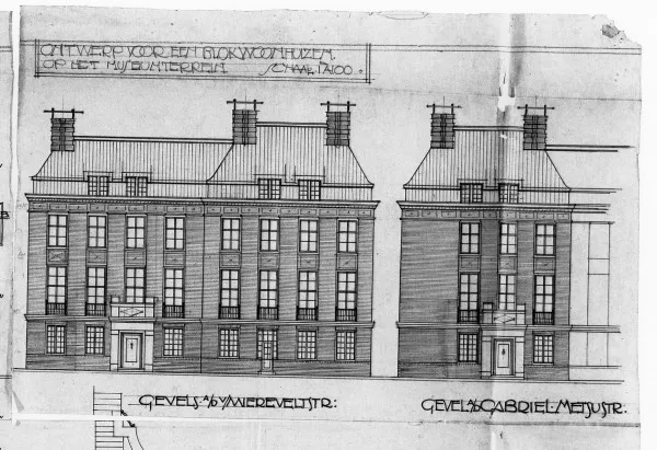 Afbeelding uit: 1912. Geveltekeningen van het huis in de Van Miereveldstraat en van het hoekhuis.
Bron afbeelding: SAA, bestand 291BTA923669.