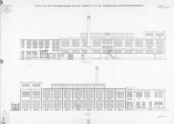Afbeelding uit: 1915. "Plan van de Stadsdrukkerij op het terrein van de voormalige schuitenmakerswerf". Achtergevel (boven) en voorgevel.