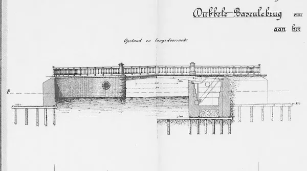 Afbeelding uit: 1888. De dubbele basculebrug. Links een zijaanzicht, rechts een doorsnede over de lengte.