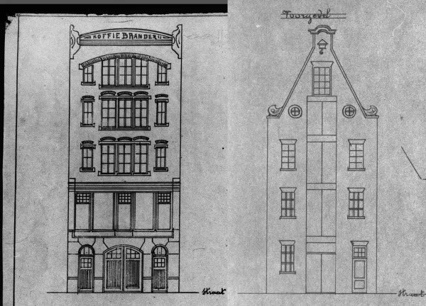 Afbeelding uit: 1902. Links de nieuwe voorgevel, rechts een tekening van de oude, op dezelfde schaal. (Collage van bouwtekeningen gemaakt door Rood)