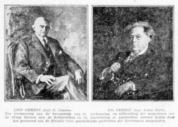 Afbeelding uit: november 1927. Portretten van Lion (links) en Eduard Gerzon, gemaakt door Baruch Laguna resp. Louis Hartz. Aangeboden door het personeel aan de directie in 1927.