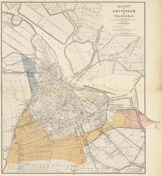 Afbeelding uit: 1894. Kaart uit 1894 met ingekleurd de gebieden die in 1896 bij Amsterdam zouden worden gevoegd. In het westen een stukje van de gemeente Sloten, in het oosten een stukje Diemen en verder een groot stuk van Nieuwer-Amstel.
Bron afbeelding: SAA, bestand KOKA00274000001.