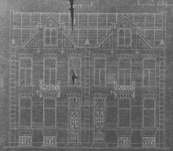 Afbeelding uit: 1874. Het ontwerp van Leliman voor de middelste huizen.