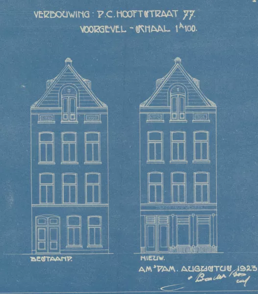 Afbeelding uit: 1923. Nummer 77 voor en na de verbouwing van de begane grond van 1923. Architect van de verbouwing was J.L. van der Bom. Op de nieuwe pui staat "Dames handwerken".