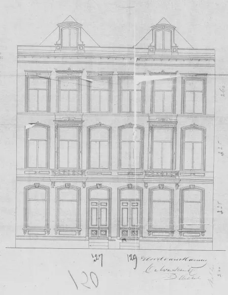 Afbeelding uit: 1875. Voorgevels, uitsnede van een bouwtekening.