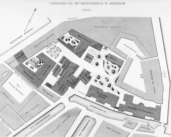 Afbeelding uit: 1879. Situatie na de nieuwbouw van 1875. Gepubliceerd in Bouwkundige Bijdragen 25, 1879.