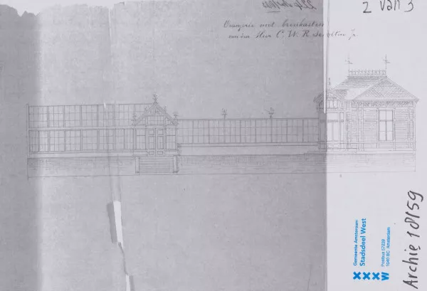 Afbeelding uit: 1888. Zij-aanzicht. Rechts het bouwdeel dat aan het Zandpad staat.