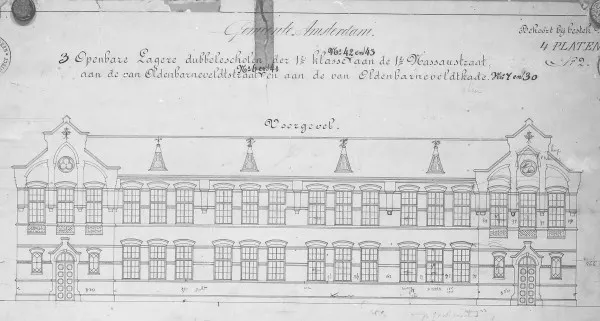 Afbeelding uit: 1884. De oorspronkelijke voorgevel aan het Van Oldenbarneveldtplein (dat toen nog -kade heette).