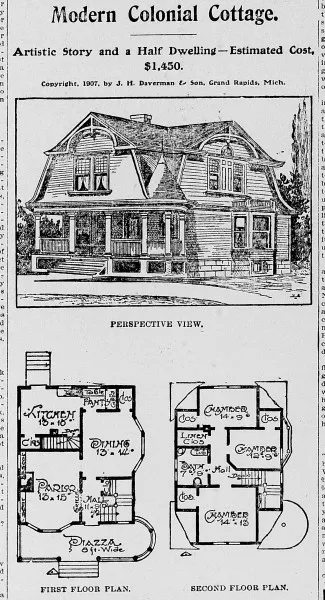 Afbeelding uit: november 1907. Advertentie van Daverman in de Times-Republican, een krant uit Marshalltown, Iowa. De kosten van de bouw van dit "compact and artistic home" werden geschat op $1450.