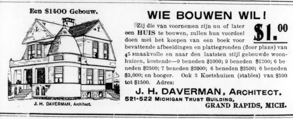Afbeelding uit: 1893. Advertentie van Daverman in De Grondwet, een Nederlandstalige krant die in Holland (Michigan) werd uitgegeven.
