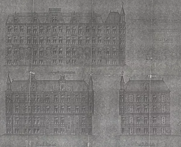 Afbeelding uit: 1885. "Ontwerp van 8 woonhuizen op een terrein nabij de Muiderpoort". Aanzichten: Muiderpoortzijde, Singelzijde en 'straatzijde'.