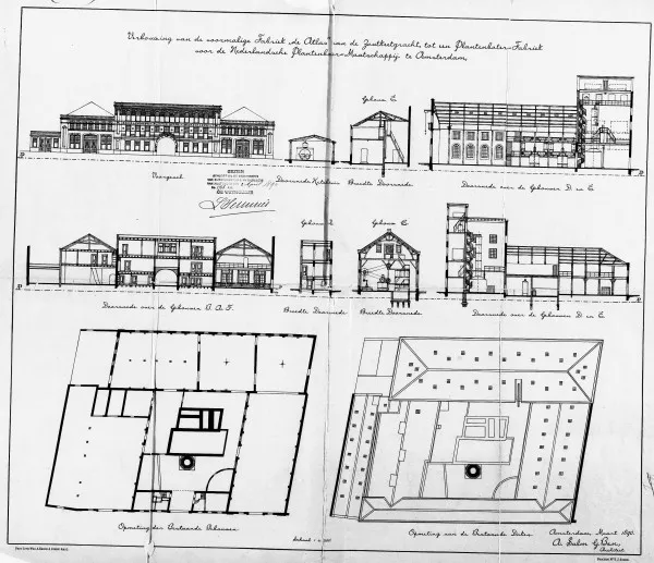Afbeelding uit: maart 1890. Bouwtekening voor de verbouwing tot plantenboterfabriek.
Bron afbeelding: SAA, bestand 5221BT903406.