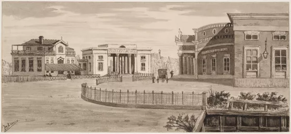 Afbeelding uit: circa 1870. Rechts station Willemspoort, in het midden de poort, en links daarvan een herberg.
Bron afbeelding: SAA, bestand KOG-AA-2-24-436A.