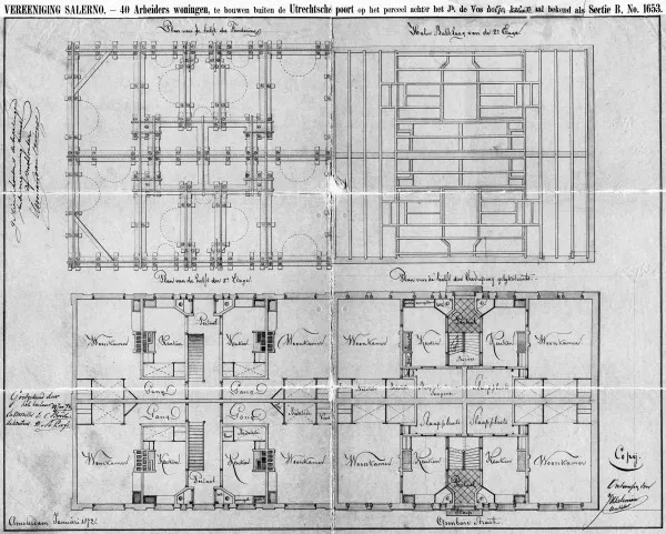 Afbeelding uit: 1872. Funderingsplan, balklaag, en plattegronden.
Bron afbeelding: SAA, bestand 5221BT913279.