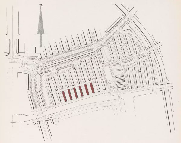 Afbeelding uit: november 1939. Plan voor dit deel van Bos en Lommer, met in donkerrood de blokken van Westerman (kleur toegevoegd door redactie).