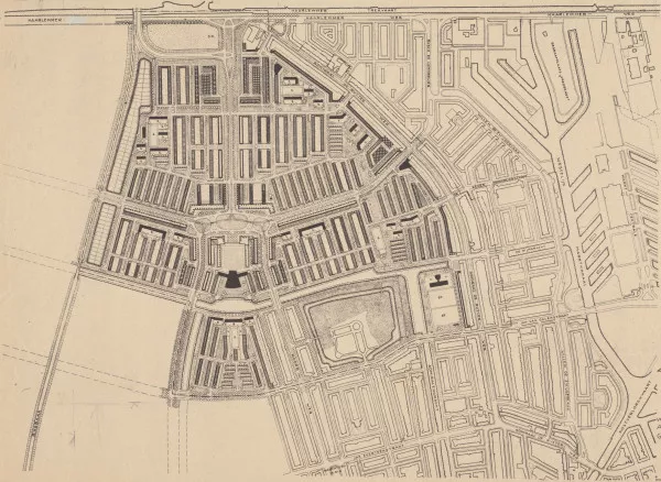 Afbeelding uit: 1935. "Herzien uitbreidingsplan West", het stedenbouwkundig plan voor Bos en Lommer. (Uitsnede)
Bron afbeelding: SAA, bestand KOKA00332000001.
