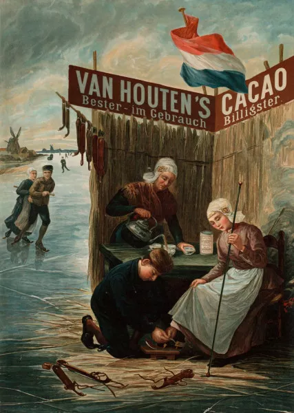 Afbeelding uit: circa 1905. Duitstalige reclameposter. Op tafel staat een blik met Van Houtens oploscacao.