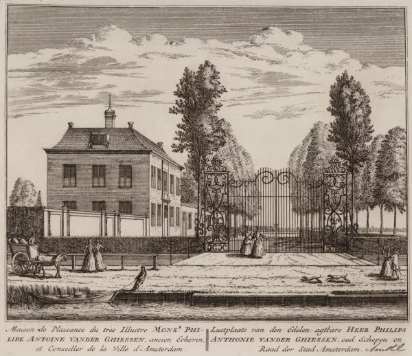 Afbeelding uit: 1730. Tot ongeveer 1850 was hier de buitenplaats "Nooit dor", later "Zorgvliet" geheten.
Bron afbeelding: SAA, bestand 010094006061.