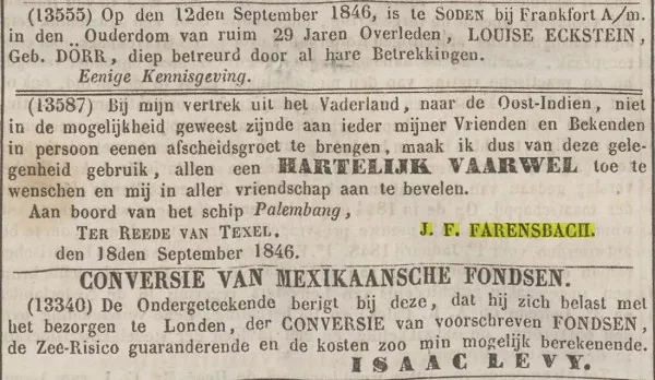 Afbeelding uit: september 1846. Bericht van Farensbach toen hij als twintigjarige naar Indië vertrok. (Algemeen Handelsblad 21-9-1846)