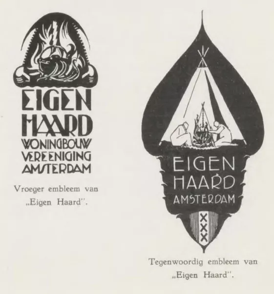 Afbeelding uit: 1929. Het eerste en tweede beeldmerk. Het eerste werd vermoedelijk ontworpen door Michel de Klerk (1920). Uit welk jaar het tweede dateert is ons niet bekend.
