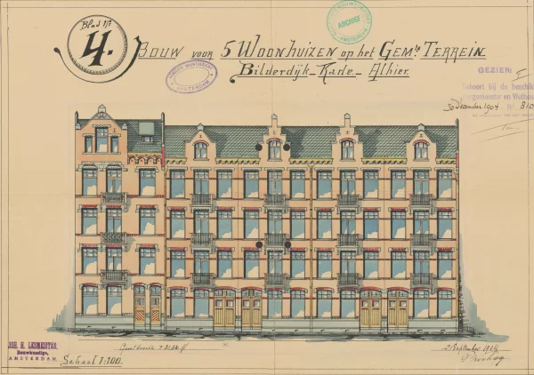 Afbeelding uit: 1904. Ontwerp voor woonhuizen aan de Bilderdijkkade, 1904. De stijl is representatief voor het werk van Lesmeister in de eerste jaren van de 20e eeuw.