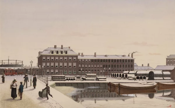 Afbeelding uit: 1886. Gezien vanaf de Reguliersgracht. Als de datering klopt was de fabriek net enkele maanden gesloten.
Bron afbeelding: SAA, bestand 010094001731.