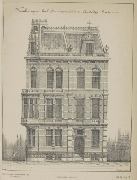 Afbeelding uit: 1887. De gevel aan de Stadhouderskade. Afgedrukt in het Vademecum der Bouwvakken van augustus 1887.