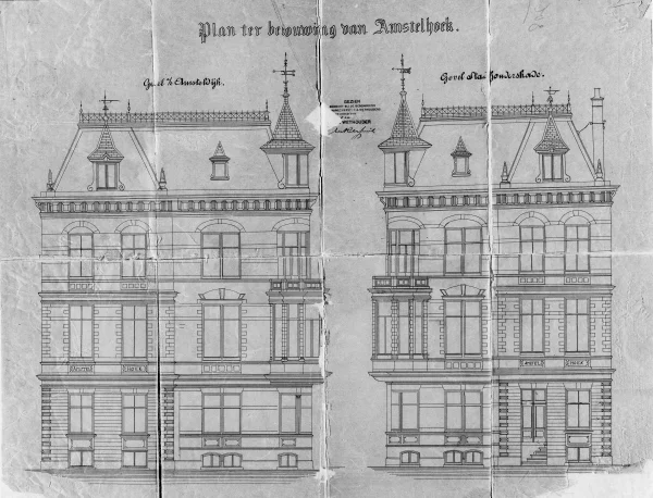 Afbeelding uit: 1884. "Plan ter bebouwing van Amstelhoek". Tekening van de gevels aan Amsteldijk (links) en Stadhouderskade.
Bron afbeelding: SAA, bestand 5221BT907325.