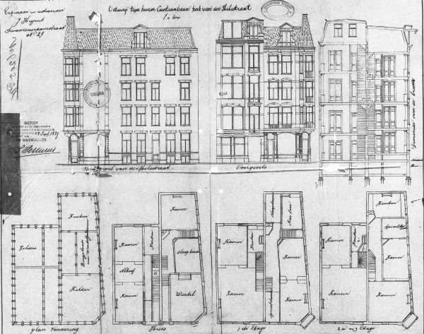Afbeelding uit: 1889. De bouwtekening, gemaakt door "Eigenaar en uitvoerder J. Heyink, Swammerdamstraat Nº 29".
Bron afbeelding: SAA, bestand 5221BT900390.