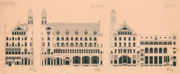 Afbeelding uit: circa 1900. Gevels aan Leidsekade, Leidseplein en Marnixstraat (v.l.n.r.).