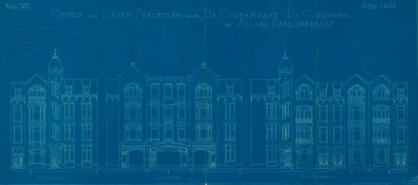 Afbeelding uit: 1903. De ontwerpen voor de gevels aan (v.l.n.r.) Da Costastraat, Da Costaplein en Allard Piersonstraat.