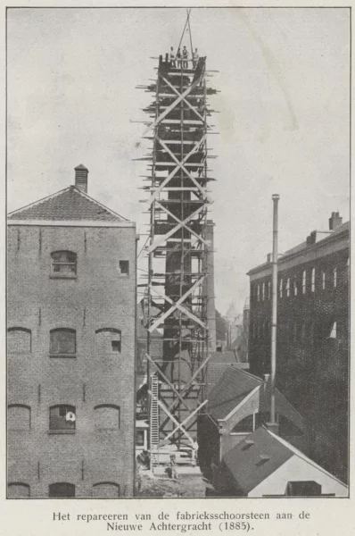 Afbeelding uit: 1885. Stoommachine en schoorsteen stonden tussen de twee bouwdelen. Foto uit het jubileumboek van 1920.