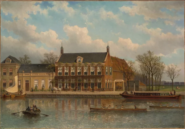 Afbeelding uit: 1885. Eduard Alexander Hilverdink maakte in 1885 dit schilderij van de oude IJsbreker (midden). Het huis links ervan had de naam Lokhorst; het was het eerste adres van de ondernemer Wilhelm Hibbeln. Collectie Amsterdam Museum, obj.nr SA 35905.