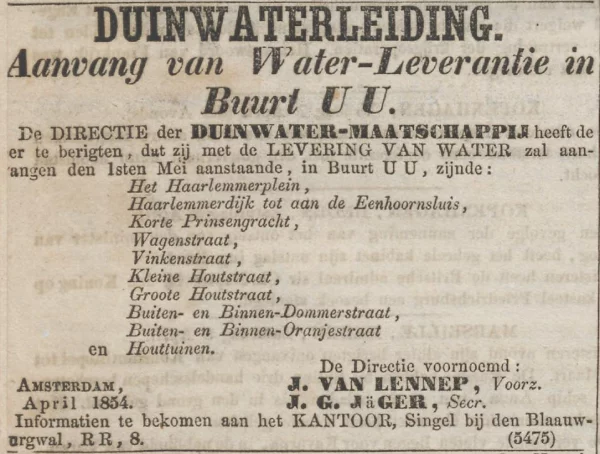 Afbeelding uit: april 1854. April 1854, de aanleg van buizen in de straten van de Haarlemmerbuurt was gereed. Advertentie in het Algemeen Handelsblad van 10 april 1854.